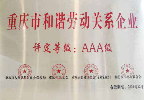 重慶中訊控股集團榮獲重慶市和諧勞動關系AAA級企業稱號